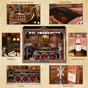 DIY miniature house kit of a vintage locomotive train repair station with intricate gears, scale model train, and glowing interior lights – perfect for craft ideas, DIY and crafts, miniature mansion lovers, and DIY book nook kit collectors.