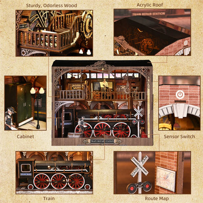 DIY miniature house kit of a vintage locomotive train repair station with intricate gears, scale model train, and glowing interior lights – perfect for craft ideas, DIY and crafts, miniature mansion lovers, and DIY book nook kit collectors.