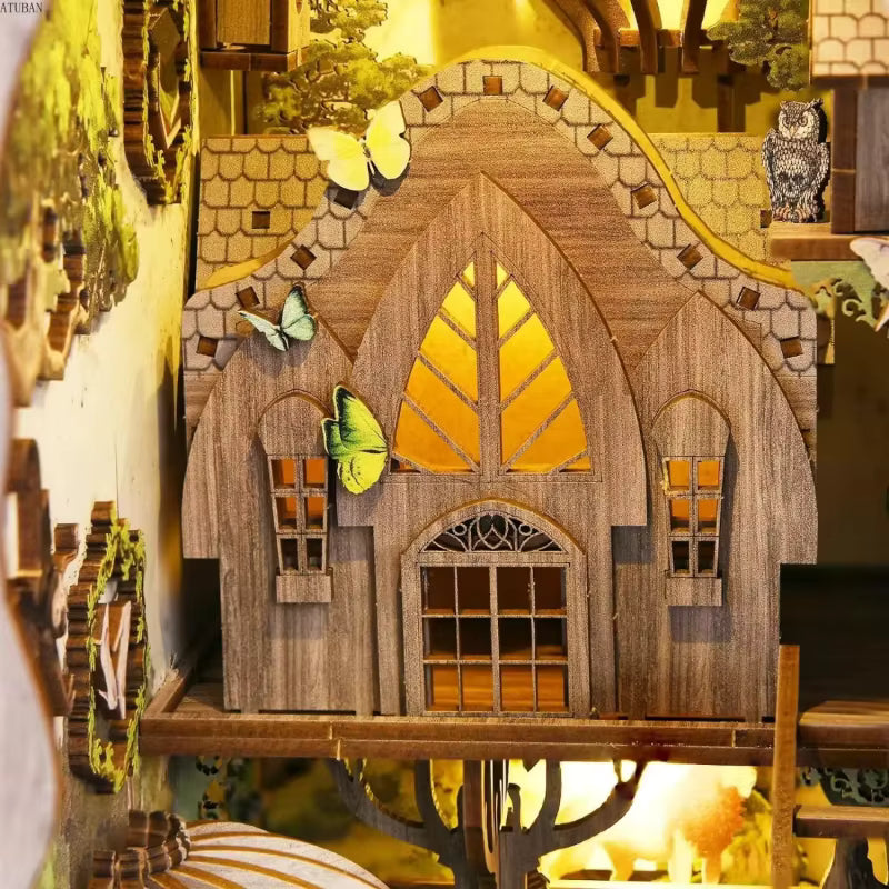 DIY book nook kit “Woodland Tales,” inspired by The Wizard of Oz. Features a glowing forest path with Dorothy and whimsical forest details. A magical DIY craft project for fans of storybook miniatures and fantasy-themed book nooks.
