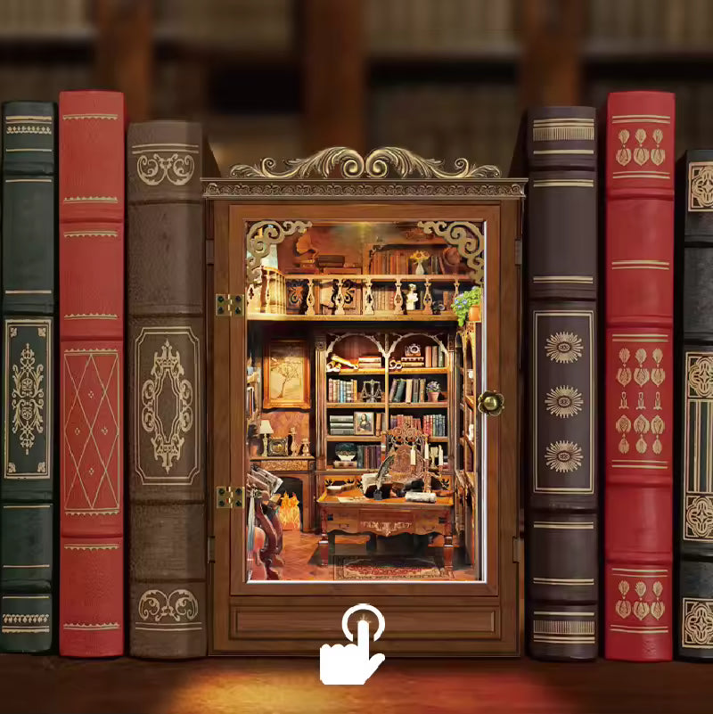 DIY book nook kit “Timekeeper’s Library,” featuring a charming home library with towering bookshelves, glowing lights, and a pendulum clock, An endearing DIY and crafts project for book nook collectors.