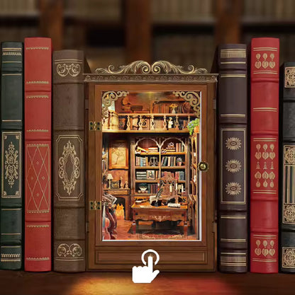DIY book nook kit “Timekeeper’s Library,” featuring a charming home library with towering bookshelves, glowing lights, and a pendulum clock, An endearing DIY and crafts project for book nook collectors.