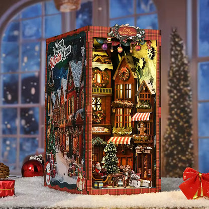 DIY book nook kit “Merry Market Lane,” featuring a warmly lit winter street with festive storefronts, snow-topped rooftops, and a softly bustling holiday vibe. A detailed DIY and crafts project perfect for holiday lovers and miniature collectors.