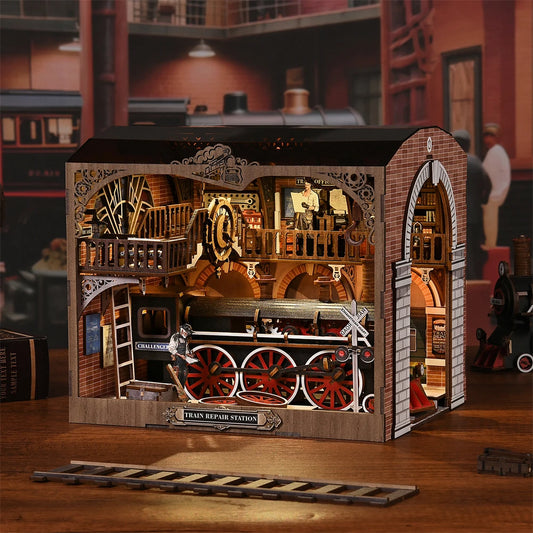 DIY miniature house kit of a vintage locomotive train repair station with intricate gears, scale model train, and glowing interior lights – perfect for craft ideas, DIY and crafts, miniature mansion lovers, and DIY book nook kit collectors.