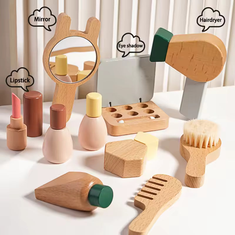 Montessori wooden cosmetic toy set with pretend makeup items including lipstick, compact mirror, perfume, nail polish, and comb, designed for imaginative role play and fine motor skill development.