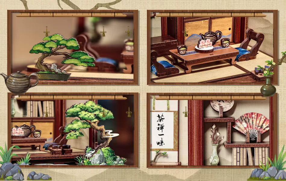 DIY book nook kit “Japanese Tea House,” featuring a glowing miniature tea room with shoji doors, bonsai, a tea set, and touch-sensitive light switch. A peaceful craft for DIY and crafts lovers and fans of traditional Japanese miniatures.
