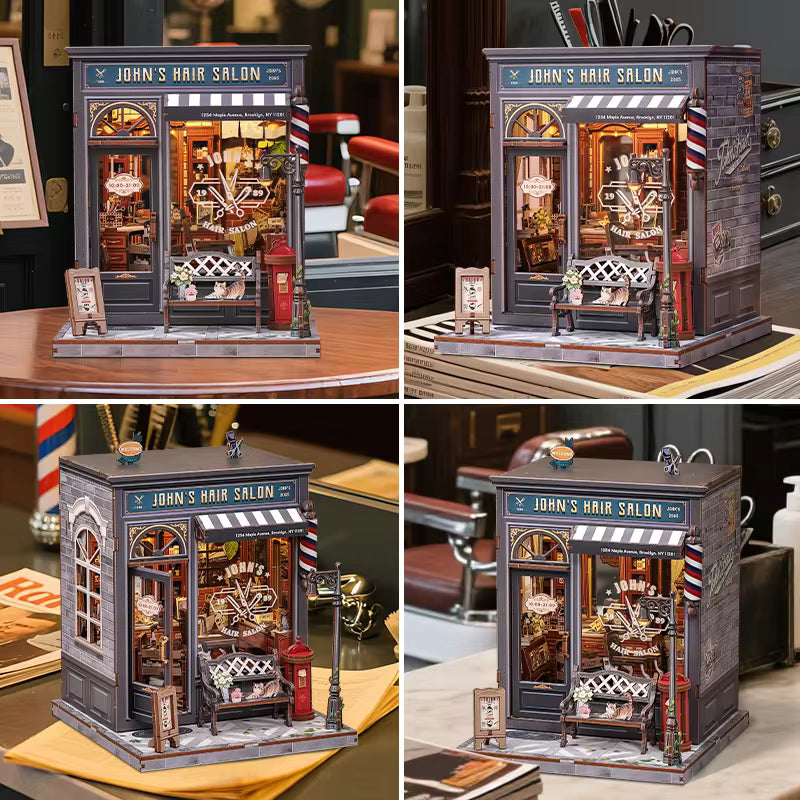 DIY book nook kit “Pomade Parlor,” featuring a vintage barbershop and hair salon interior with red chairs, mirrors, wooden shelves, and miniature grooming tools. A nostalgic DIY and crafts project for fans of retro style, miniatures, and classic salon design.