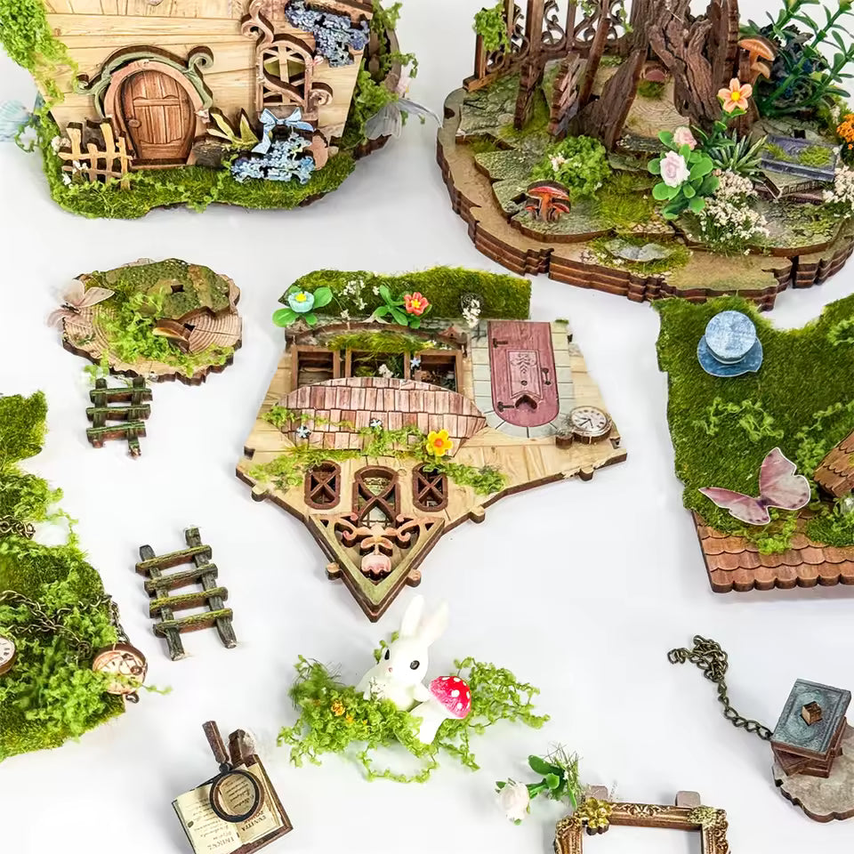 DIY mini house kit “Bramblebrook Treehouse,” featuring a whimsical forest treehouse with rope ladders, lanterns, miniature furniture, and leafy branches. A nature-inspired DIY and crafts project perfect for miniature lovers and woodland fantasy fans.