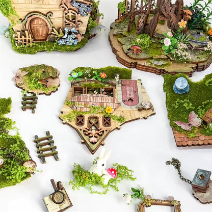 DIY mini house kit “Bramblebrook Treehouse,” featuring a whimsical forest treehouse with rope ladders, lanterns, miniature furniture, and leafy branches. A nature-inspired DIY and crafts project perfect for miniature lovers and woodland fantasy fans.