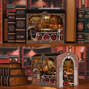 DIY miniature house kit of a vintage locomotive train repair station with intricate gears, scale model train, and glowing interior lights – perfect for craft ideas, DIY and crafts, miniature mansion lovers, and DIY book nook kit collectors.