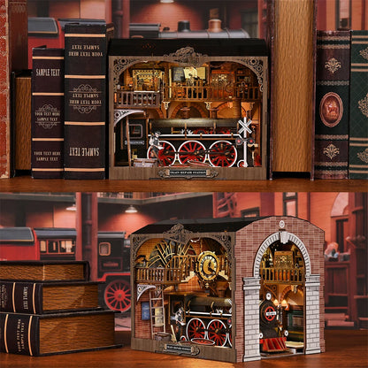 DIY miniature house kit of a vintage locomotive train repair station with intricate gears, scale model train, and glowing interior lights – perfect for craft ideas, DIY and crafts, miniature mansion lovers, and DIY book nook kit collectors.