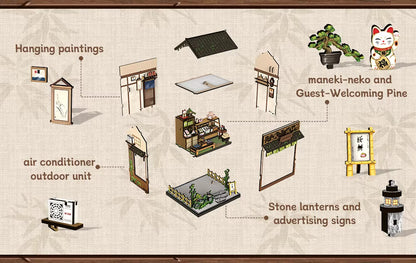 DIY mini house kit “Japanese Sweets Store,” featuring a traditional candy and wagashi shop with miniature desserts, wooden shelves, hanging banners, and tiny gift boxes. A detailed DIY and crafts project perfect for fans of Japanese culture and making miniatures.