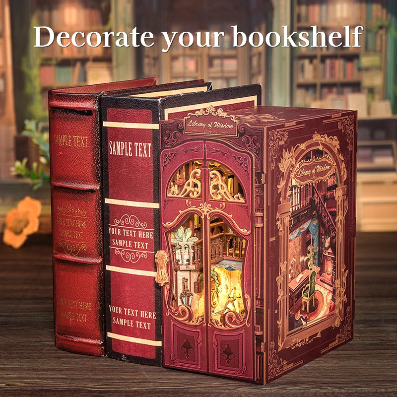 DIY book nook kit called “Chronicles Sanctuary,” featuring a richly detailed miniature library scene with shelves, staircase, and glowing lights. Ideal for book nook collectors, DIY and crafts fans, and lovers of tiny dollhouses and DIY mini home kits.