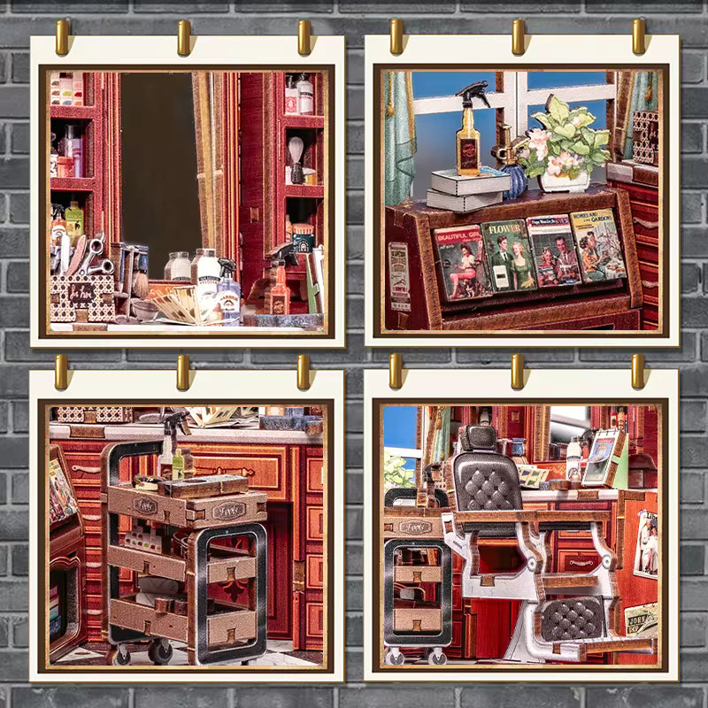 DIY book nook kit “Pomade Parlor,” featuring a vintage barbershop and hair salon interior with red chairs, mirrors, wooden shelves, and miniature grooming tools. A nostalgic DIY and crafts project for fans of retro style, miniatures, and classic salon design.