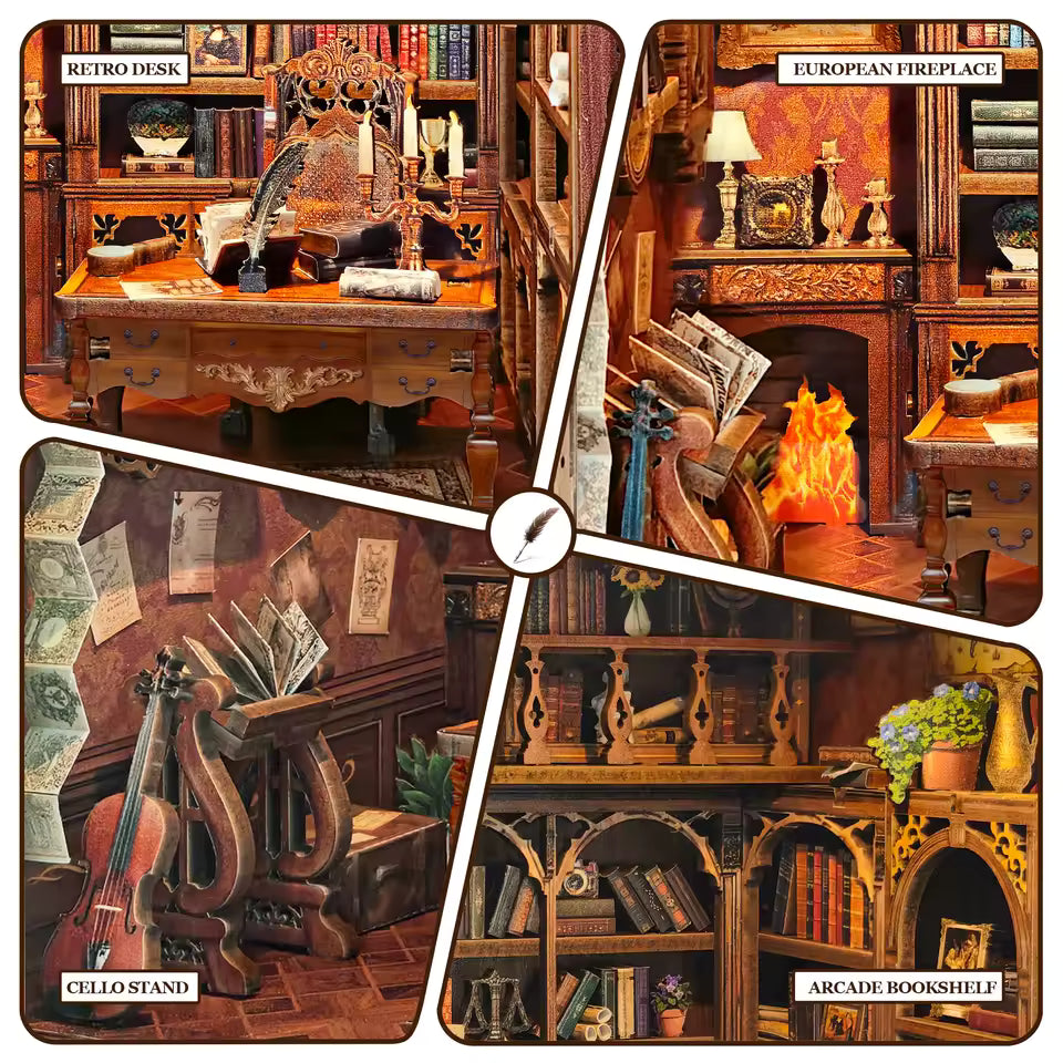 DIY book nook kit “Timekeeper’s Library,” featuring a charming home library with towering bookshelves, glowing lights, and a pendulum clock, An endearing DIY and crafts project for book nook collectors.