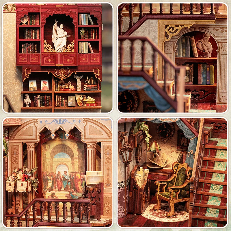 DIY book nook kit called “Chronicles Sanctuary,” featuring a richly detailed miniature library scene with shelves, staircase, and glowing lights. Ideal for book nook collectors, DIY and crafts fans, and lovers of tiny dollhouses and DIY mini home kits.