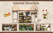 DIY mini house kit “Japanese Sweets Store,” featuring a traditional candy and wagashi shop with miniature desserts, wooden shelves, hanging banners, and tiny gift boxes. A detailed DIY and crafts project perfect for fans of Japanese culture and making miniatures.