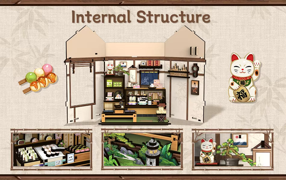 DIY mini house kit “Japanese Sweets Store,” featuring a traditional candy and wagashi shop with miniature desserts, wooden shelves, hanging banners, and tiny gift boxes. A detailed DIY and crafts project perfect for fans of Japanese culture and making miniatures.