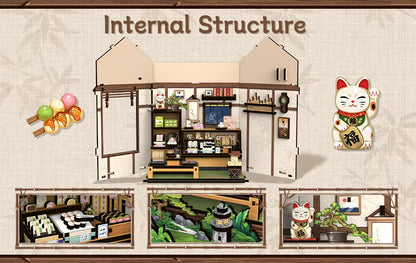 DIY mini house kit “Japanese Sweets Store,” featuring a traditional candy and wagashi shop with miniature desserts, wooden shelves, hanging banners, and tiny gift boxes. A detailed DIY and crafts project perfect for fans of Japanese culture and making miniatures.