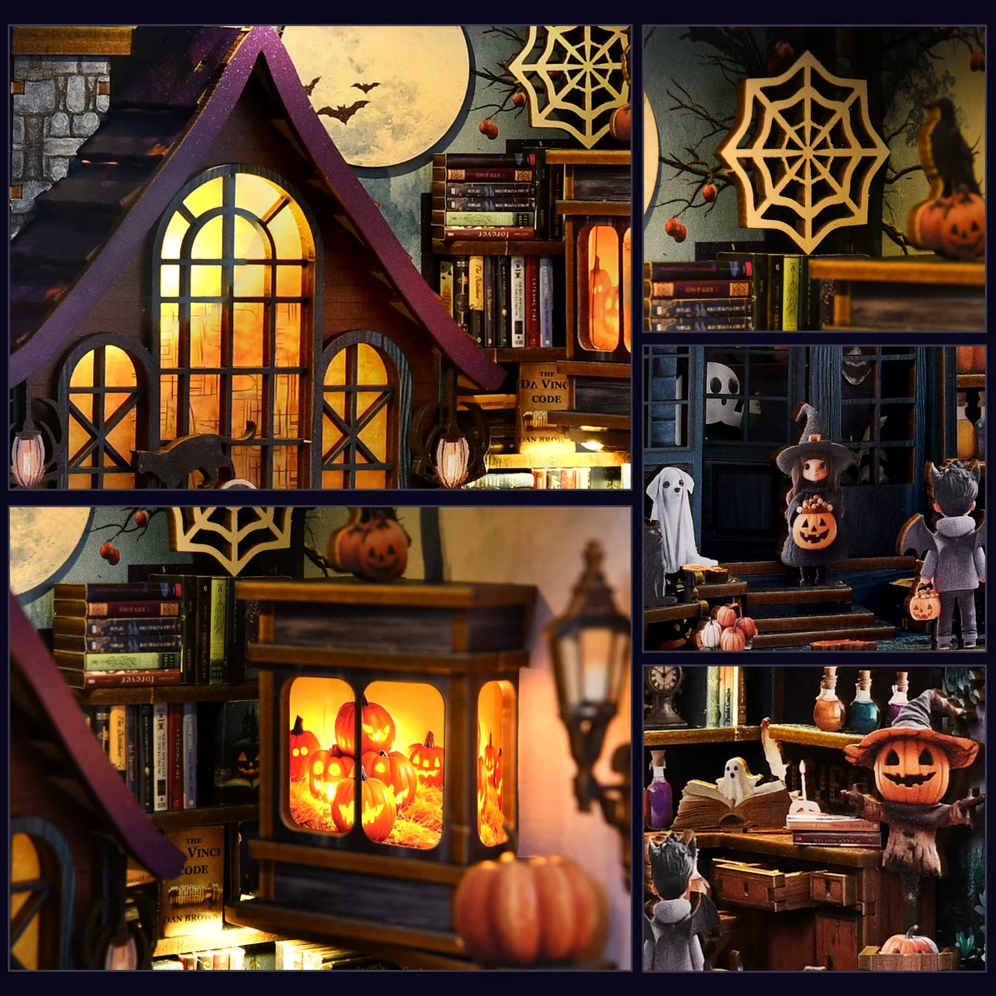 DIY book nook kit “Pumpkin Trick-or-Treat,” featuring a witch’s house with glowing windows, jack-o’-lanterns, trick-or-treaters, bats, and Halloween decorations. A festive miniature for DIY and crafts lovers and seasonal book nook collectors.