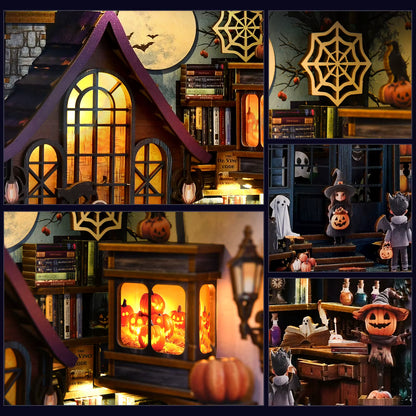 DIY book nook kit “Pumpkin Trick-or-Treat,” featuring a witch’s house with glowing windows, jack-o’-lanterns, trick-or-treaters, bats, and Halloween decorations. A festive miniature for DIY and crafts lovers and seasonal book nook collectors.