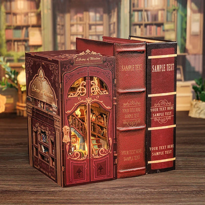 DIY book nook kit called “Chronicles Sanctuary,” featuring a richly detailed miniature library scene with shelves, staircase, and glowing lights. Ideal for book nook collectors, DIY and crafts fans, and lovers of tiny dollhouses and DIY mini home kits.