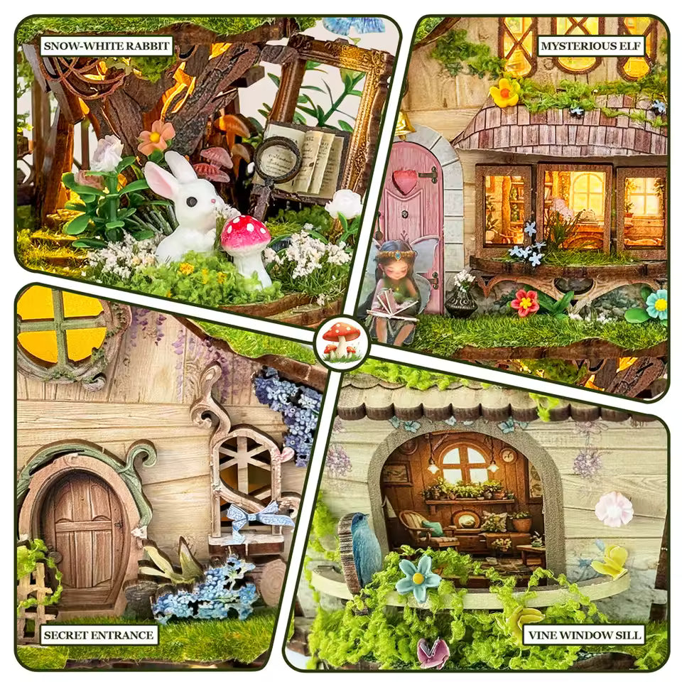 DIY mini house kit “Bramblebrook Treehouse,” featuring a whimsical forest treehouse with rope ladders, lanterns, miniature furniture, and leafy branches. A nature-inspired DIY and crafts project perfect for miniature lovers and woodland fantasy fans.