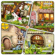 DIY mini house kit “Bramblebrook Treehouse,” featuring a whimsical forest treehouse with rope ladders, lanterns, miniature furniture, and leafy branches. A nature-inspired DIY and crafts project perfect for miniature lovers and woodland fantasy fans.