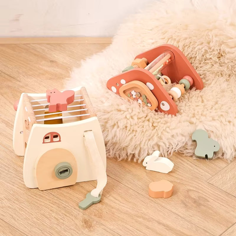 Montessori wooden mushroom house toy set with a xylophone, whimsical details, accessories, and characters, designed for imaginative pretend play and fine motor skill development.