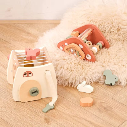 Montessori wooden mushroom house toy set with a xylophone, whimsical details, accessories, and characters, designed for imaginative pretend play and fine motor skill development.