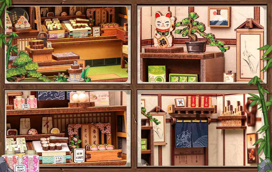 DIY mini house kit “Japanese Sweets Store,” featuring a traditional candy and wagashi shop with miniature desserts, wooden shelves, hanging banners, and tiny gift boxes. A detailed DIY and crafts project perfect for fans of Japanese culture and making miniatures.