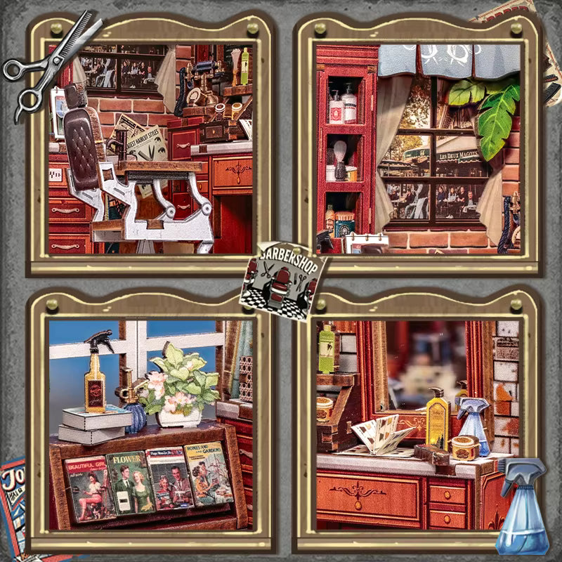 DIY book nook kit “Pomade Parlor,” featuring a vintage barbershop and hair salon interior with red chairs, mirrors, wooden shelves, and miniature grooming tools. A nostalgic DIY and crafts project for fans of retro style, miniatures, and classic salon design.