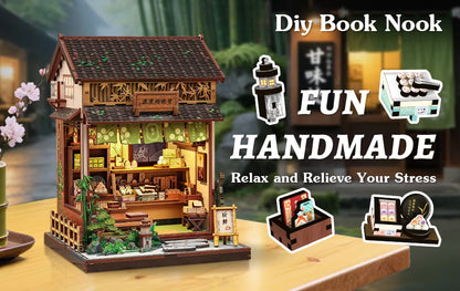 DIY mini house kit “Japanese Sweets Store,” featuring a traditional candy and wagashi shop with miniature desserts, wooden shelves, hanging banners, and tiny gift boxes. A detailed DIY and crafts project perfect for fans of Japanese culture and making miniatures.