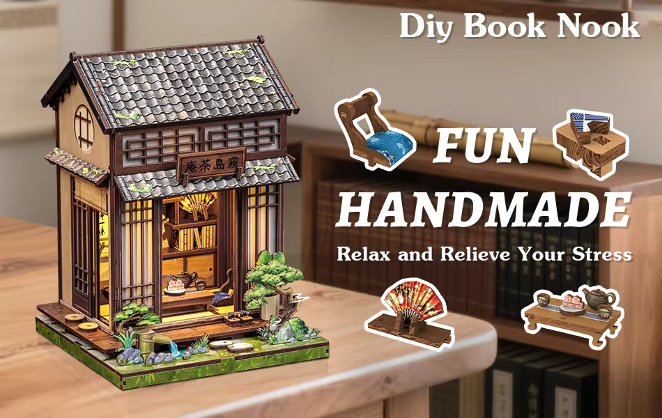 DIY book nook kit “Japanese Tea House,” featuring a glowing miniature tea room with shoji doors, bonsai, a tea set, and touch-sensitive light switch. A peaceful craft for DIY and crafts lovers and fans of traditional Japanese miniatures.