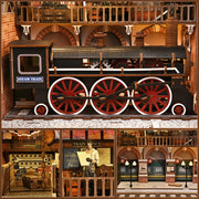 DIY miniature house kit of a vintage locomotive train repair station with intricate gears, scale model train, and glowing interior lights – perfect for craft ideas, DIY and crafts, miniature mansion lovers, and DIY book nook kit collectors.