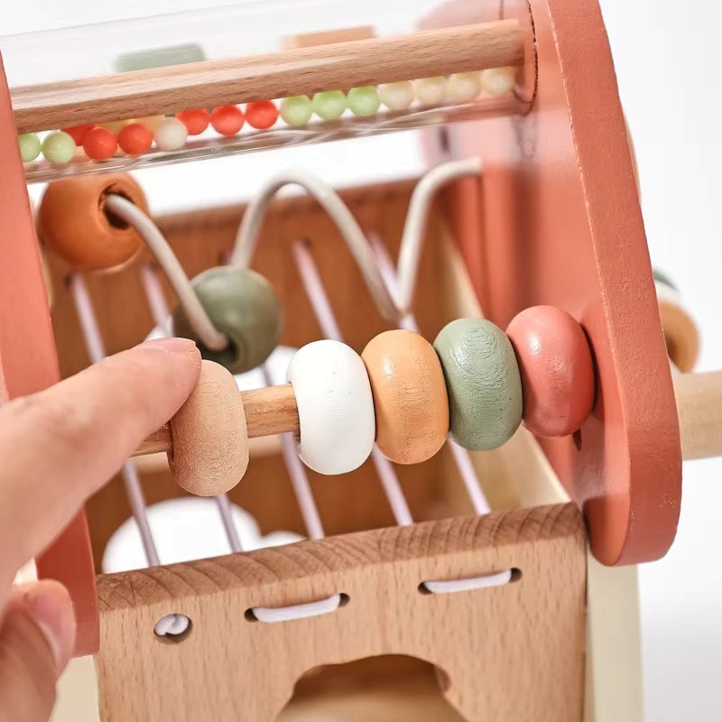 Montessori wooden mushroom house toy set with a xylophone, whimsical details, accessories, and characters, designed for imaginative pretend play and fine motor skill development.