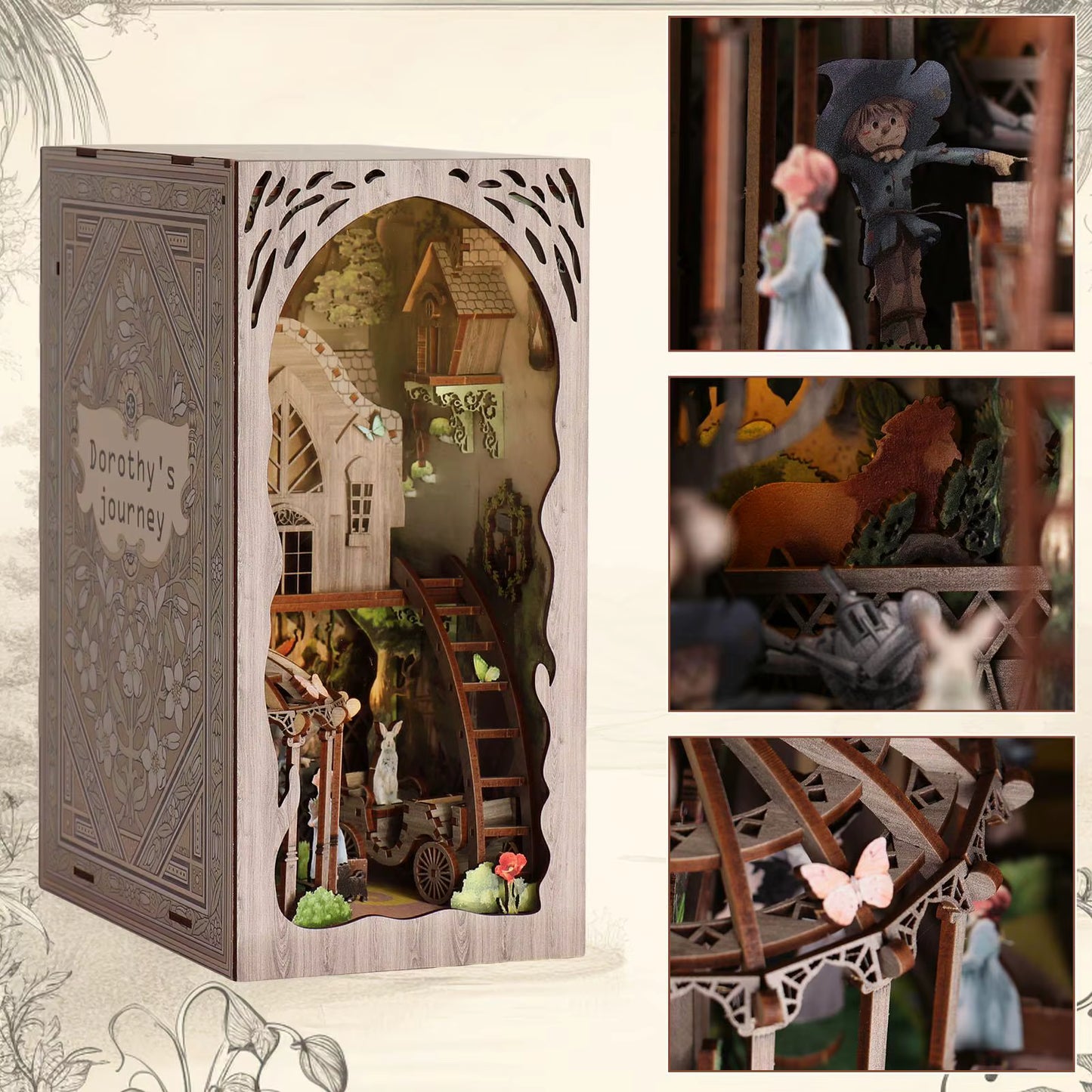 DIY book nook kit “Woodland Tales,” inspired by The Wizard of Oz. Features a glowing forest path with Dorothy and whimsical forest details. A magical DIY craft project for fans of storybook miniatures and fantasy-themed book nooks.