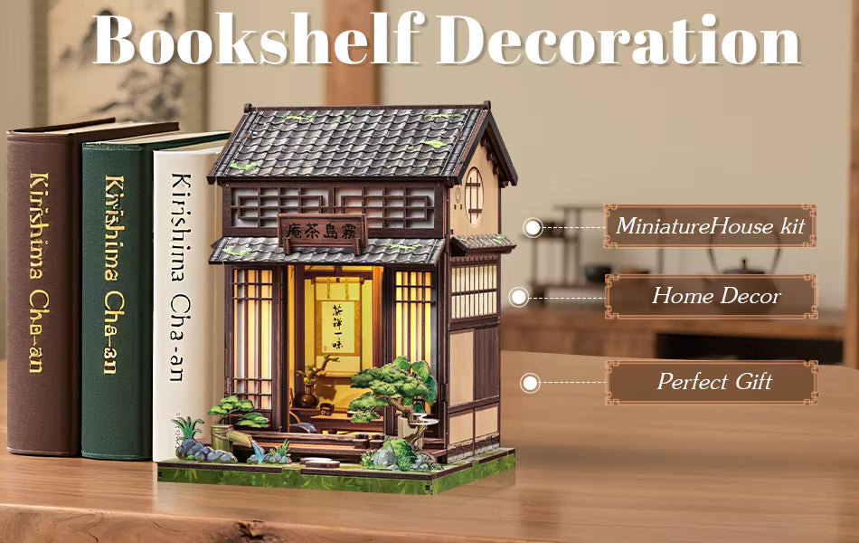 DIY book nook kit “Japanese Tea House,” featuring a glowing miniature tea room with shoji doors, bonsai, a tea set, and touch-sensitive light switch. A peaceful craft for DIY and crafts lovers and fans of traditional Japanese miniatures.