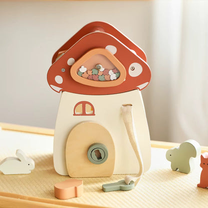 Montessori wooden mushroom house toy set with a xylophone, whimsical details, accessories, and characters, designed for imaginative pretend play and fine motor skill development.