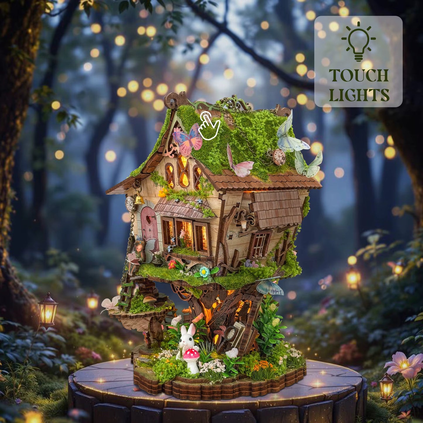 DIY mini house kit “Bramblebrook Treehouse,” featuring a whimsical forest treehouse with rope ladders, lanterns, miniature furniture, and leafy branches. A nature-inspired DIY and crafts project perfect for miniature lovers and woodland fantasy fans.