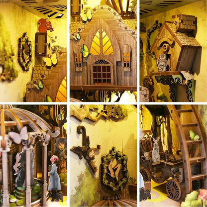 DIY book nook kit “Woodland Tales,” inspired by The Wizard of Oz. Features a glowing forest path with Dorothy and whimsical forest details. A magical DIY craft project for fans of storybook miniatures and fantasy-themed book nooks.