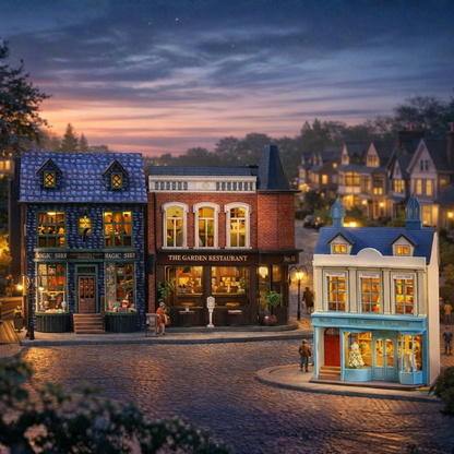 Miniature house kit bundle showing three detailed storefront buildings arranged side by side as a cohesive neighborhood display, with illuminated windows and cobblestone street styling.