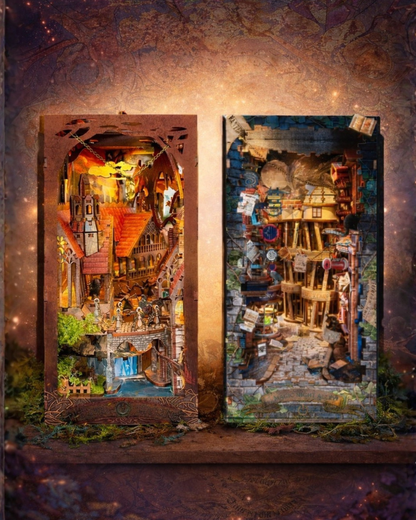Two fantasy book nook kits displayed side by side, featuring a fire-lit medieval town scene and a winding magical alley, styled as a cohesive Realm to Realm bundle.