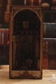 DIY Victorian library book nook kit with wooden shelves, tiny books, and vintage chair — perfect for miniature lovers, book nook fans, and DIY crafts.