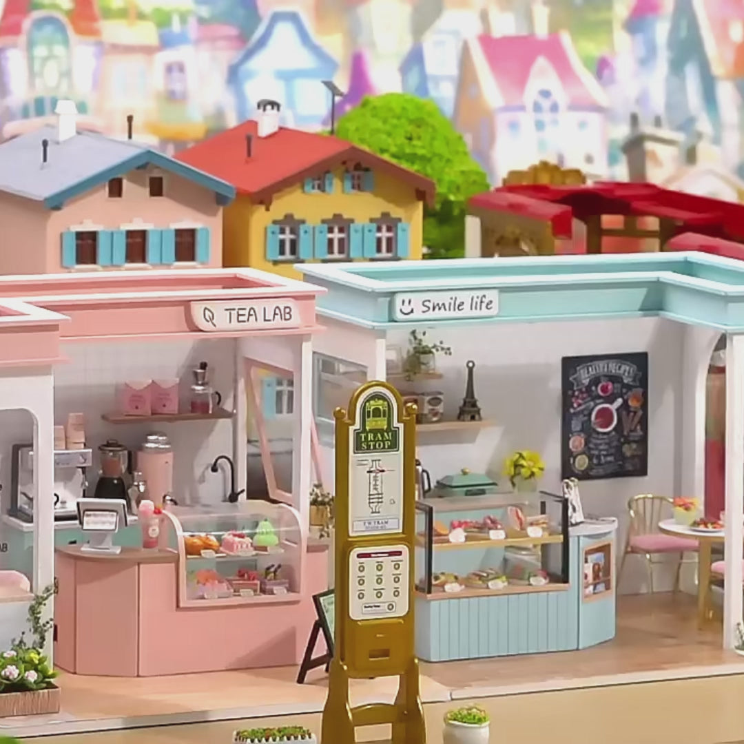 DIY miniature tea shop kit with pastel counters, bubble tea decor, and tiny accessories — perfect for miniatures lovers, DIY crafts, book nook fans, and small DIY house projects.