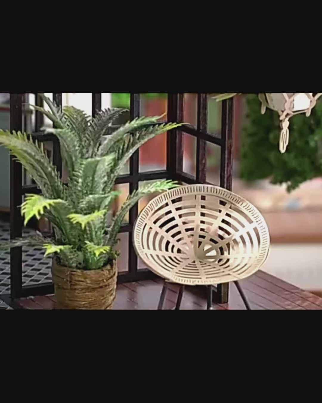 DIY miniature house kit of a two-story garden loft café with spiral stairs, tiny furniture, plants, and glowing lights – perfect for craft ideas, diy and crafts, miniature mansion lovers, and diy miniature home building.