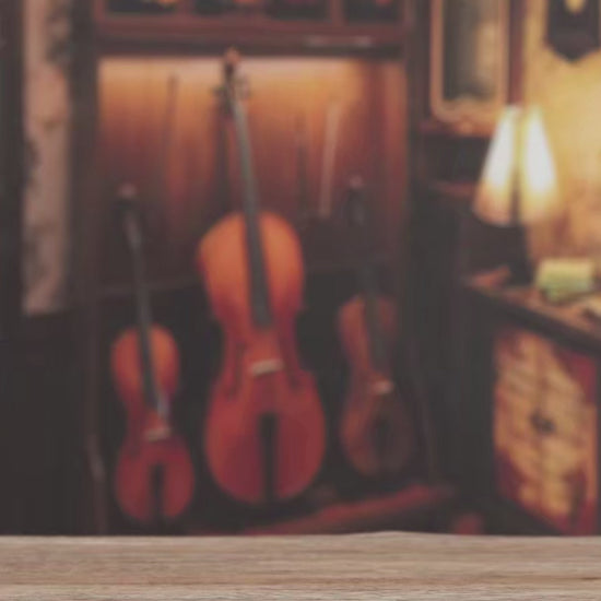 DIY miniature house with four connected scenes: a Victorian-style lounge, a hallway with a harp and bell, a floral piano practice room, and a richly decorated violin performance stage—each side forming a corner of a cube-shaped music-themed diorama.