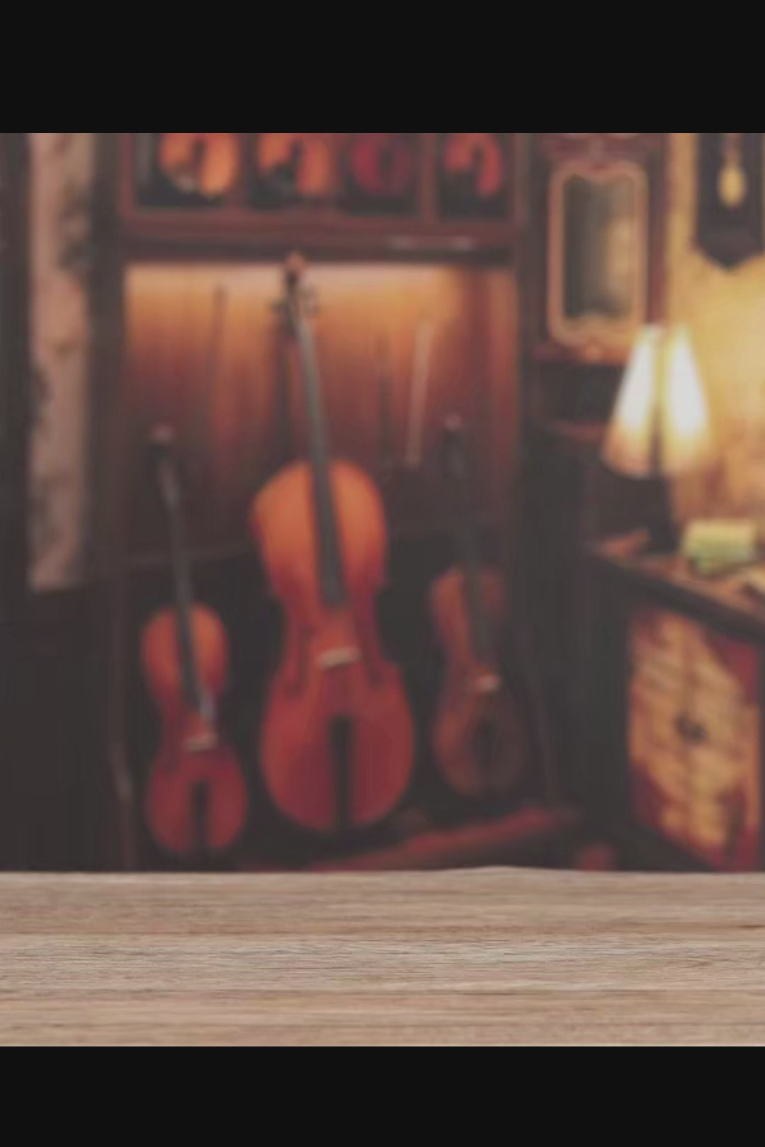 DIY miniature house with four connected scenes: a Victorian-style lounge, a hallway with a harp and bell, a floral piano practice room, and a richly decorated violin performance stage—each side forming a corner of a cube-shaped music-themed diorama.