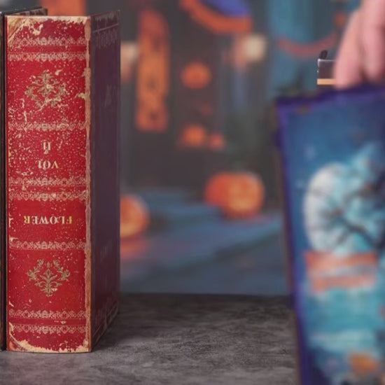 DIY book nook kit “Pumpkin Trick-or-Treat,” featuring a witch’s house with glowing windows, jack-o’-lanterns, trick-or-treaters, bats, and Halloween decorations. A festive miniature for DIY and crafts lovers and seasonal book nook collectors.