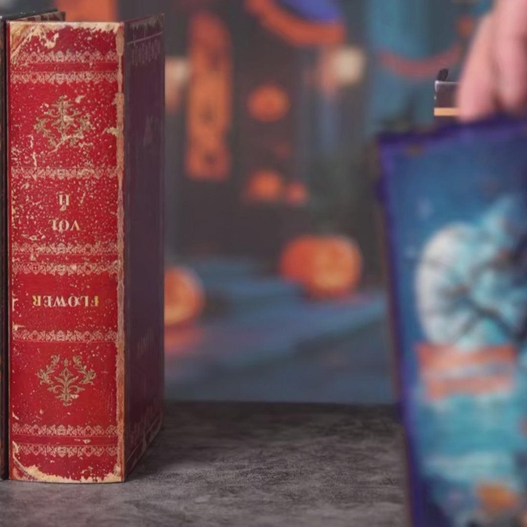 DIY book nook kit “Pumpkin Trick-or-Treat,” featuring a witch’s house with glowing windows, jack-o’-lanterns, trick-or-treaters, bats, and Halloween decorations. A festive miniature for DIY and crafts lovers and seasonal book nook collectors.