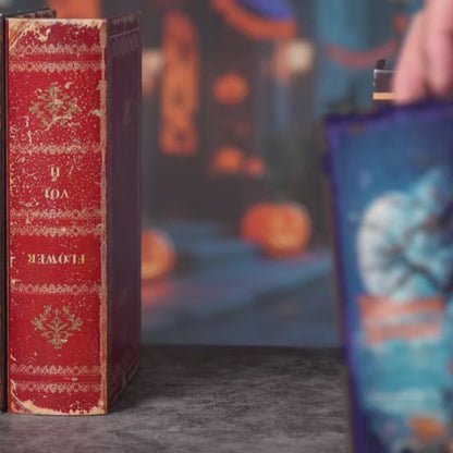 DIY book nook kit “Pumpkin Trick-or-Treat,” featuring a witch’s house with glowing windows, jack-o’-lanterns, trick-or-treaters, bats, and Halloween decorations. A festive miniature for DIY and crafts lovers and seasonal book nook collectors.